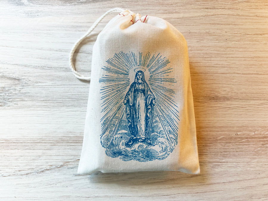 Virgin Mary Rosary Bag - Catholic Prayer Bag - Cotton Drawstring Bag